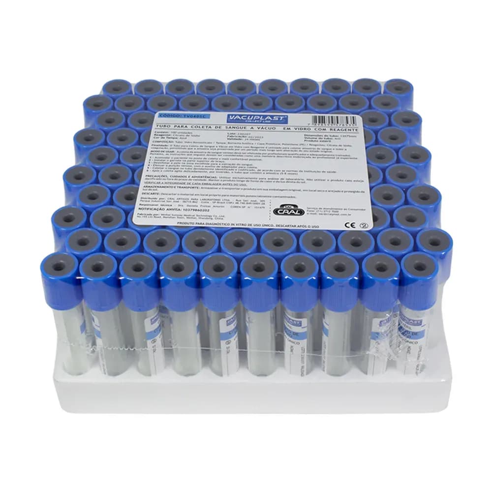 TUBO COLETA DE SANGUE A VÁCUO COM CITRATO 4ML 100UN CRAL