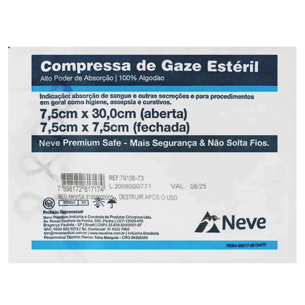 COMPRESSA DE GAZE 13 FIOS EST 7,5X7,5 SAFE C/05UN NEVE