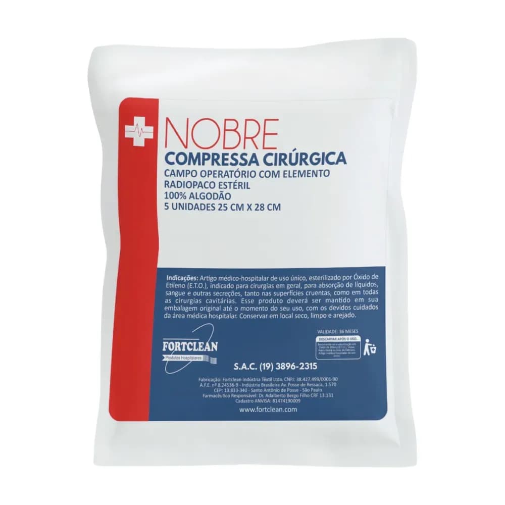COMPRESSA CIRÚRGICA CAMPO OPERATÓRIO RADIOPACO EMBALAGEM DUPLA 5UN NOBRE FORTCLEAN