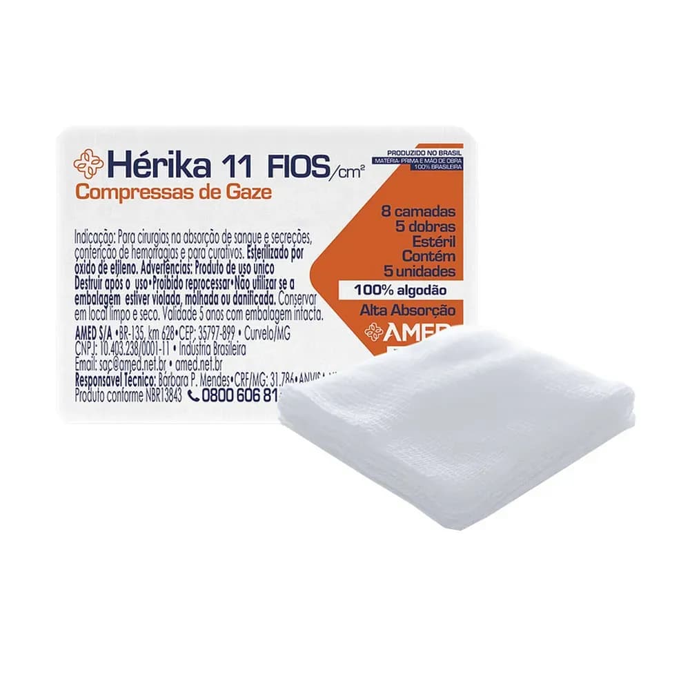 COMPRESSA DE GAZE ESTÉRIL HÉRIKA 11 FIOS 7,5X7,5CM 5UN AMED