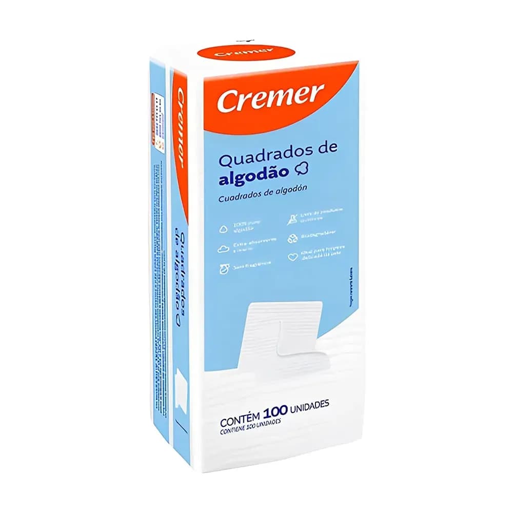 ALGODÃO QUADRADO HIDRÓFILO MACIO 10X9CM 100 UNIDADES CREMER