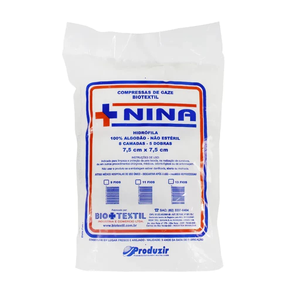 COMPRESSA GAZE HIDRÓFILA NINA NÃO ESTÉRIL 7,5CMX7,5CM NINA BIOTEXTIL