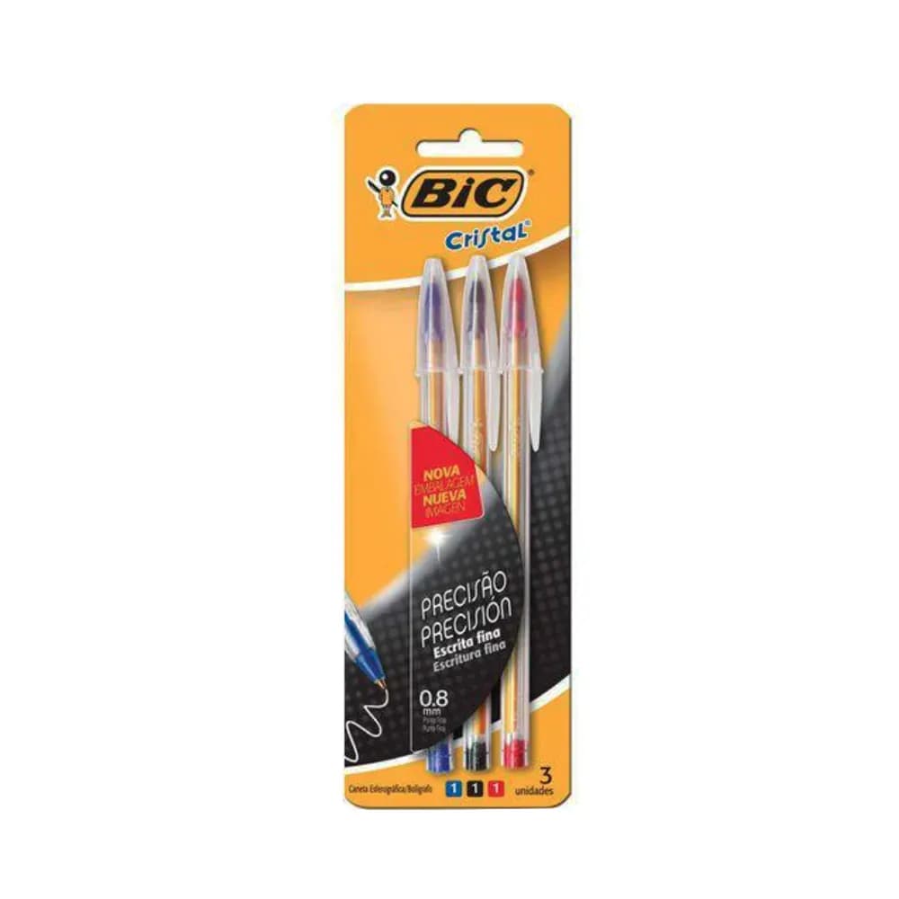 CANETA ESFEROGRAFICA CRISTAL FINA 3 CORES AZ+VM+PT BIC