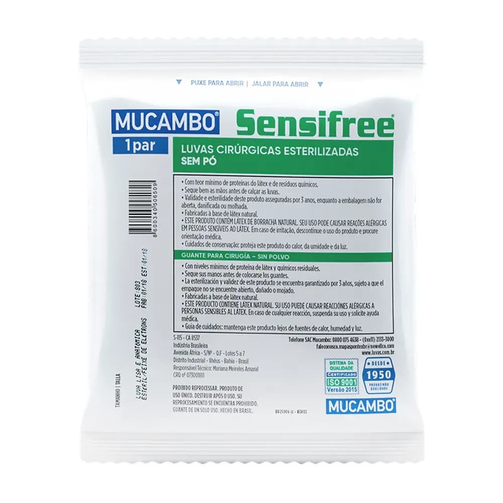 LUVA CIRÚRGICA ESTÉRIL DE LÁTEX SEM PÓ PAR SENSIFREE MUCAMBO