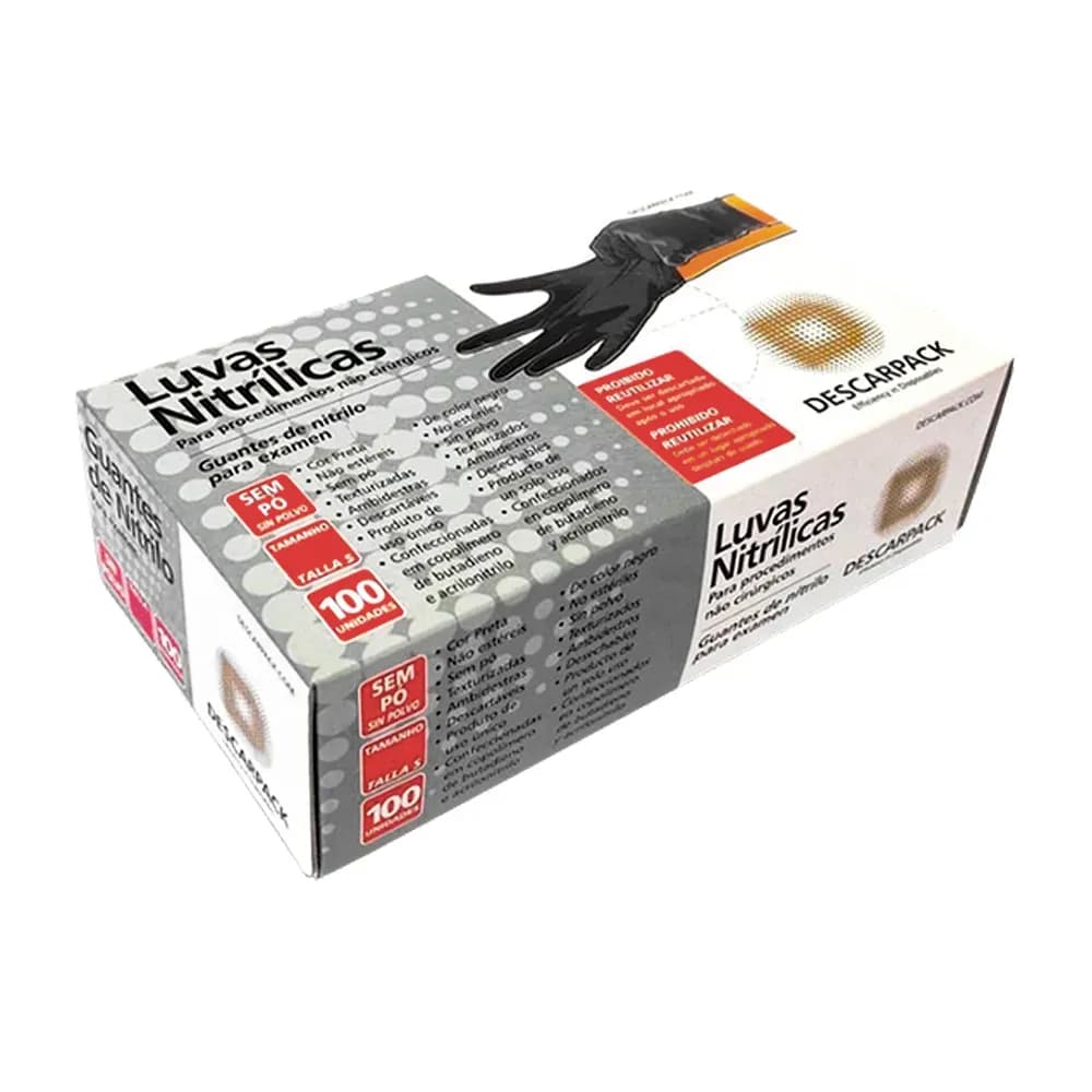 LUVA NITRÍLICA PRETA SEM PÓ CAIXA C/100UN DESCARPACK