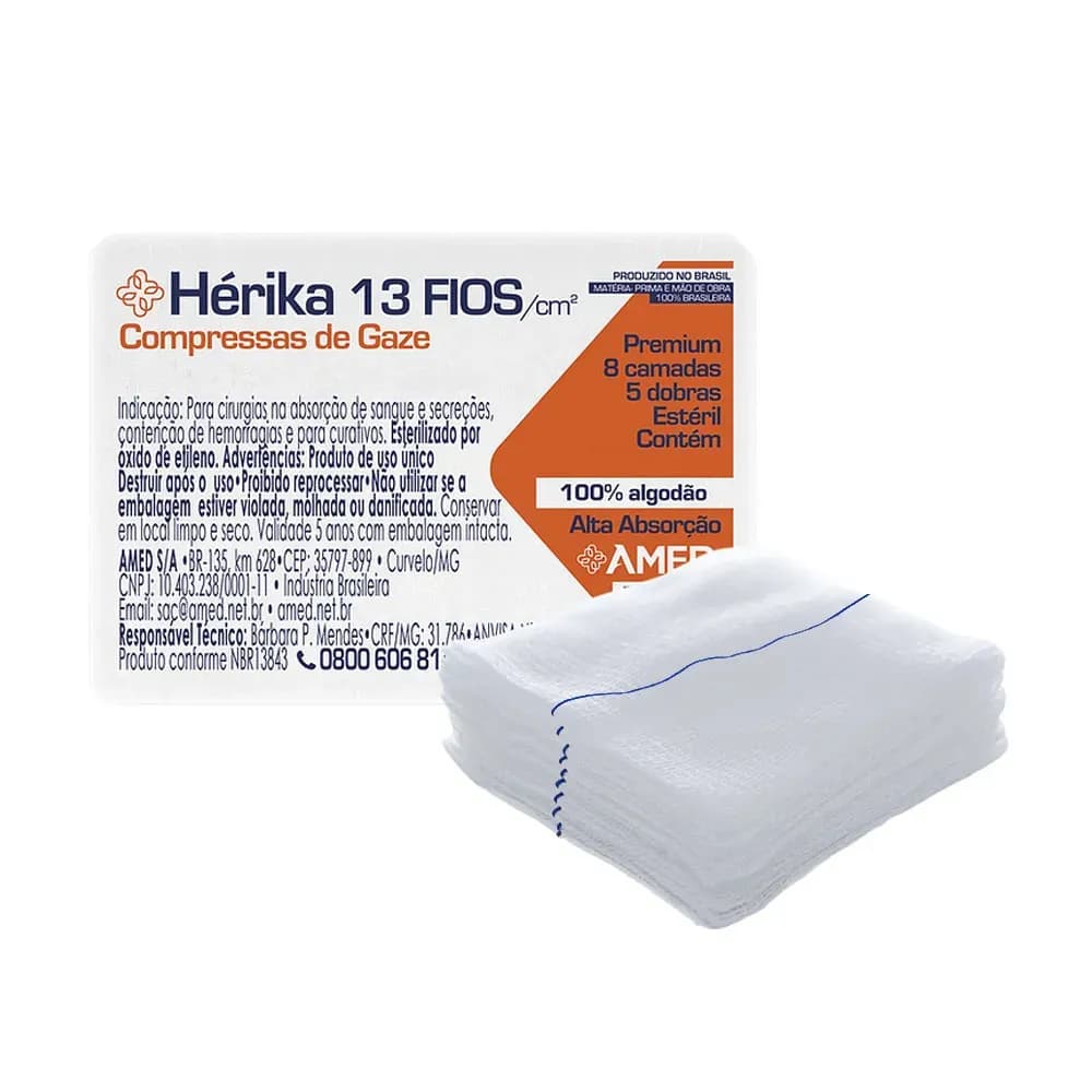 COMPRESSA DE GAZE ESTÉRIL COM FIO RADIOPACO HÉRIKA 13 FIOS 10UN AMED