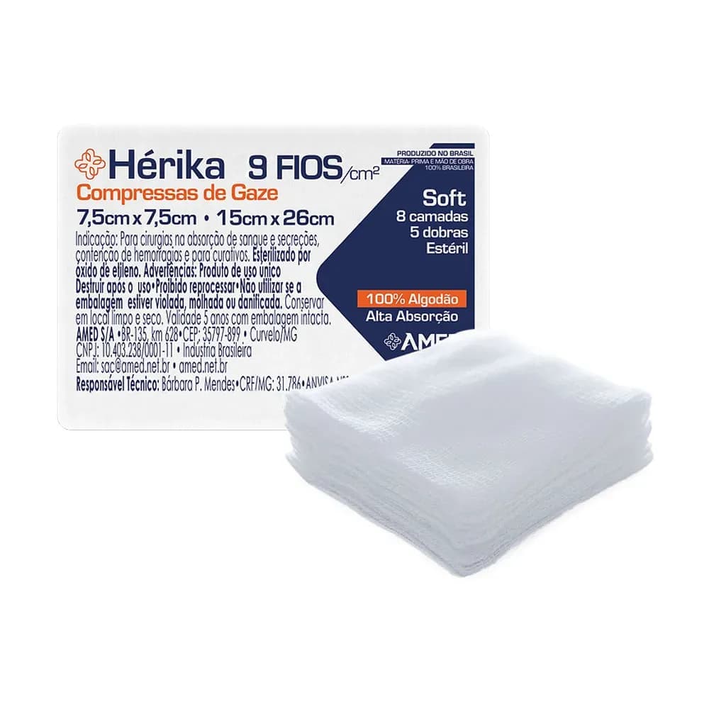 COMPRESSA DE GAZE ESTÉRIL HÉRIKA SOFT 7,5X7,5 10UN AMED