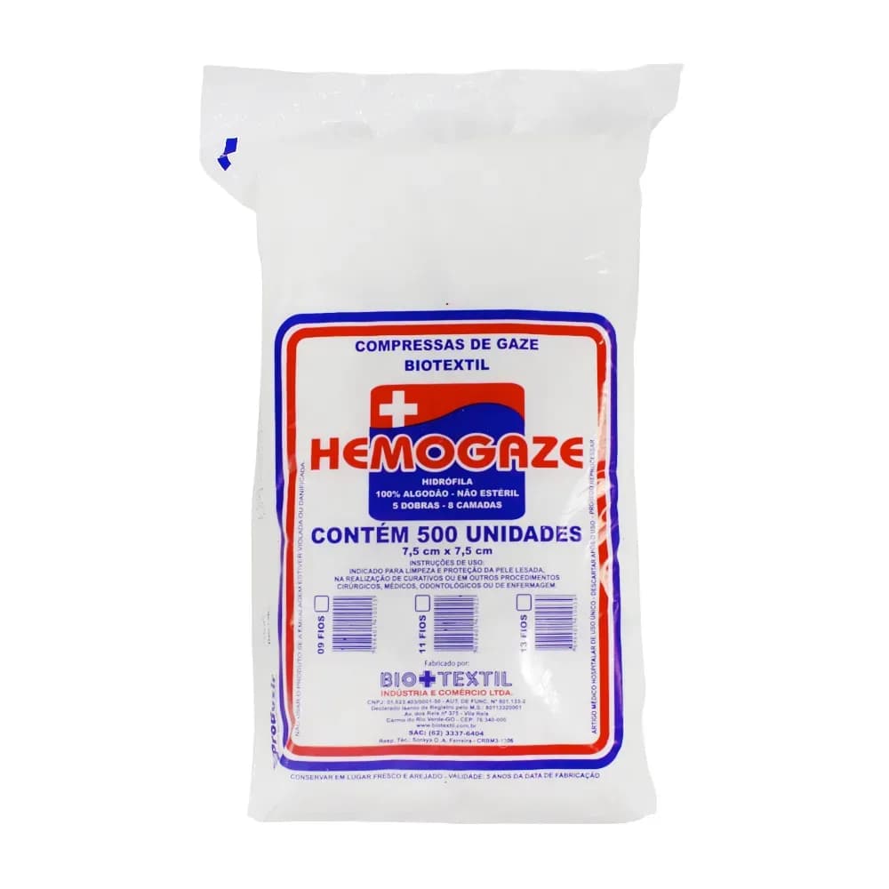 COMPRESSA GAZE HIDRÓFILA HEMOGAZE NÃO ESTÉRIL 7,5CMX7,5CM 500UN HEMOGAZE BIOTEXTIL