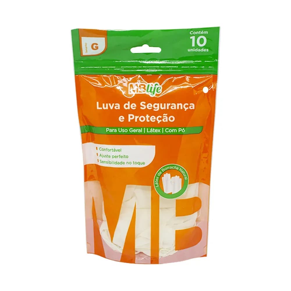 LUVA DE SEGURANÇA E PROTEÇÃO LÁTEX COM PÓ 10UN MBLIFE