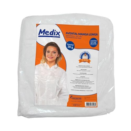 Avental Descartável Manga Longa 30gr Branco - 10 Unidades - Medix
