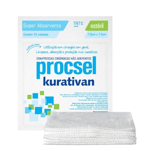Compressa de Gaze Não Aderente Estéril Kurativan 7,5X7,5cm Pacote 10 Unidades