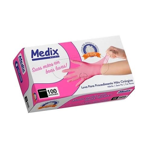 Luva Nitrilica Sem Pó Rosa Tamanho PP com 100 Unidades Medix