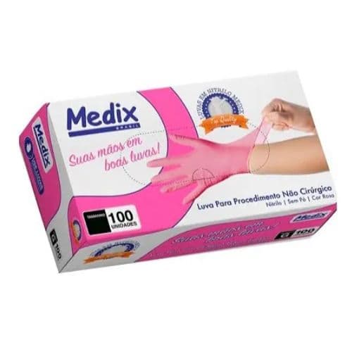 Luva Nitrilica sem Pó Rosa Tamanho P Com 100 Unidades Medix