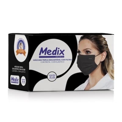 Máscara Descartável Tripla com Elástico Preta com 50 Unidades Medix