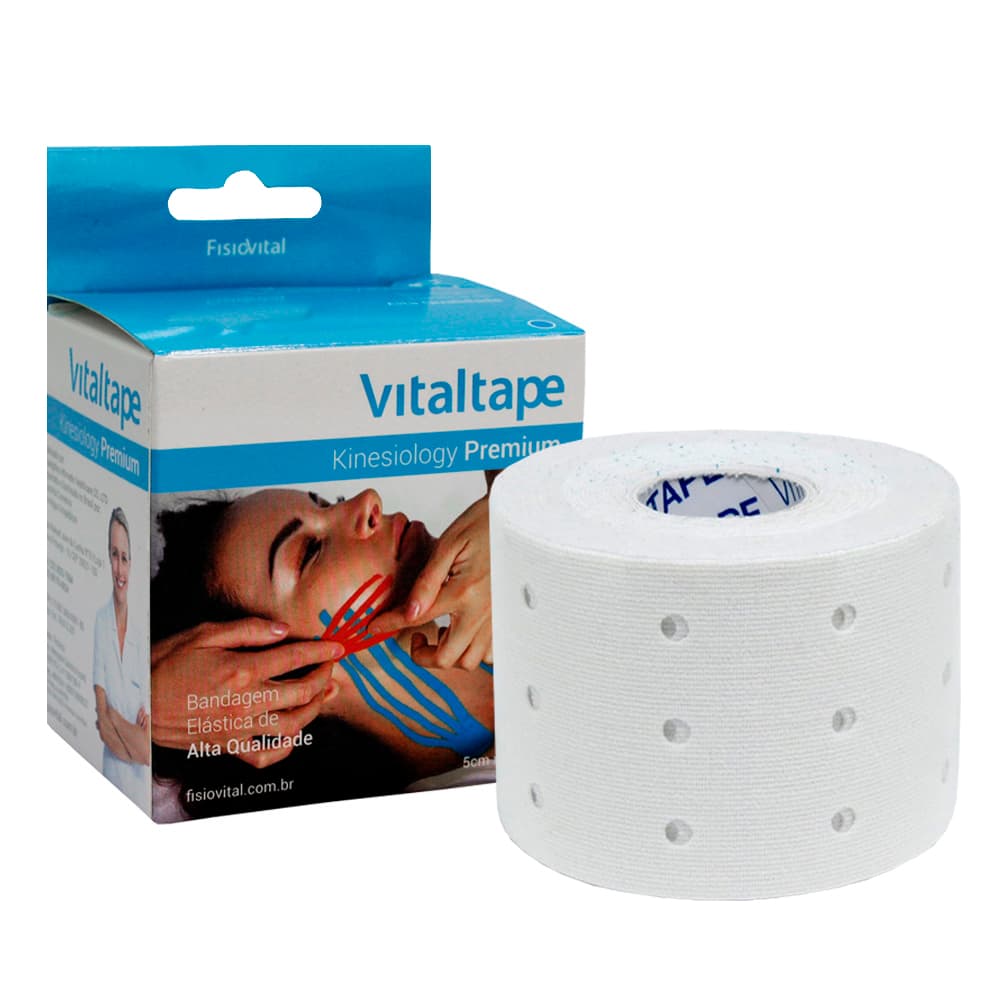 Fita Kinesio Premium Bandagem Elástica 5mx5cm Vitaltape (Branco-C/Furos) - Portal do Médico
