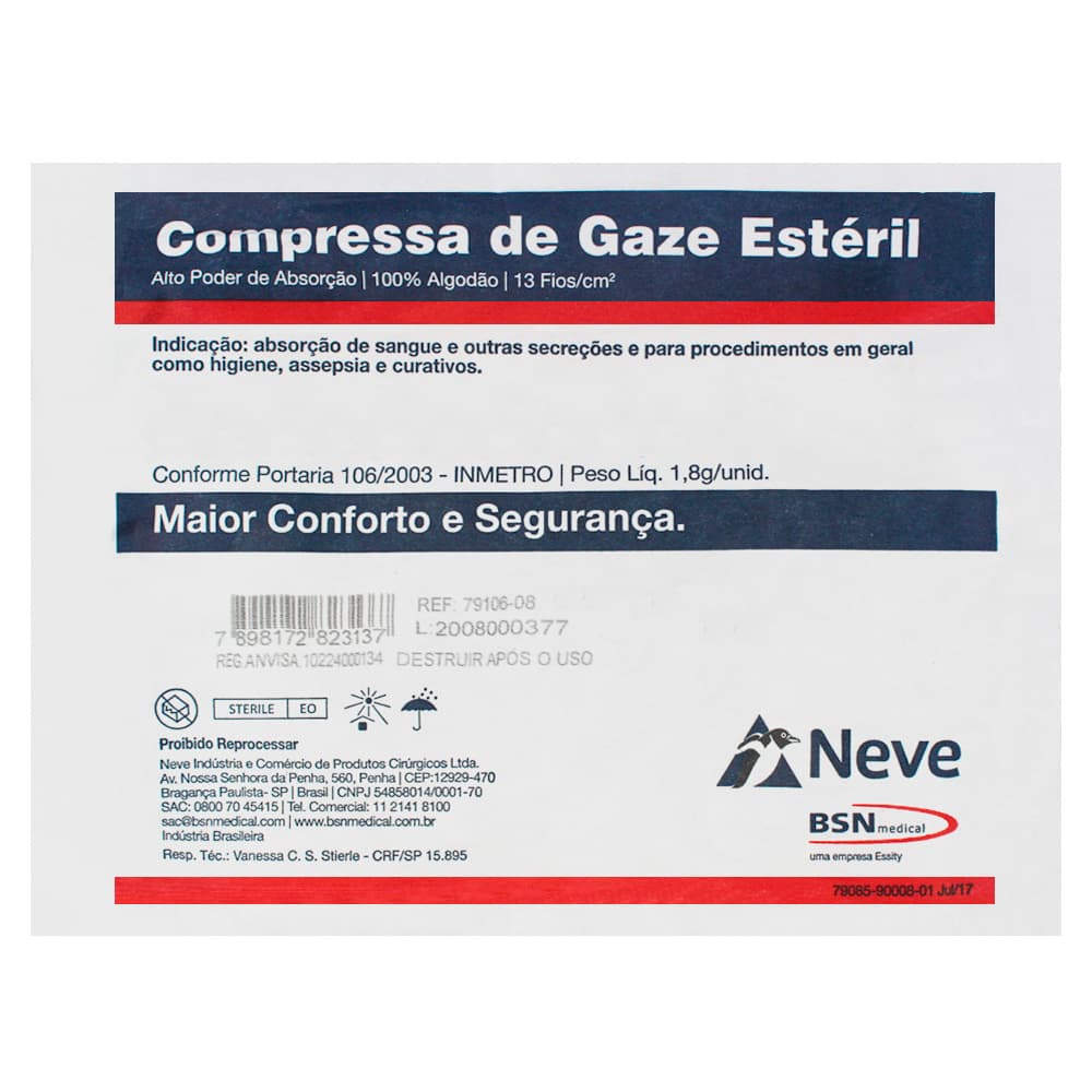 Compressa De Gaze Tela Estéril 11 Fios 7,5x7,5cm C/10un Neve - Portal do Médico