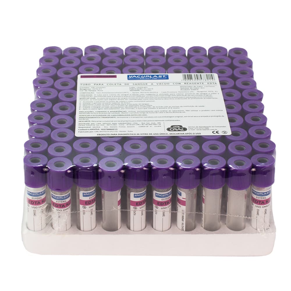 Tubo Coleta Sangue Vácuo C/100 Un Cralplast (13x75mm-4ml-C/Reagente.Edt) - Portal do Médico