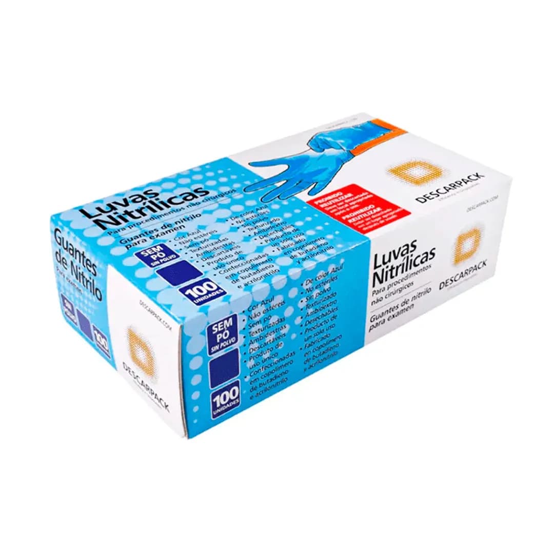 LUVA NITRILICA SEM PO M AZUL C/100 UND – DESCARPACK